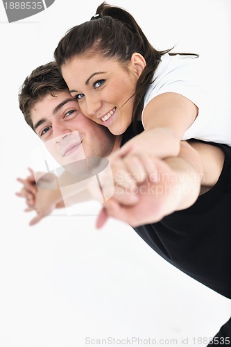 Image of happy young couple fitness workout and fun