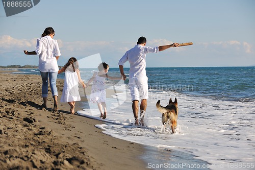 Image of happy family playing with dog on beach