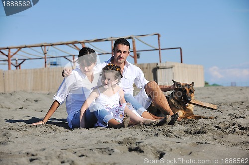 Image of happy family playing with dog on beach