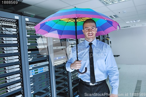 Image of businessman hold umbrella in server room
