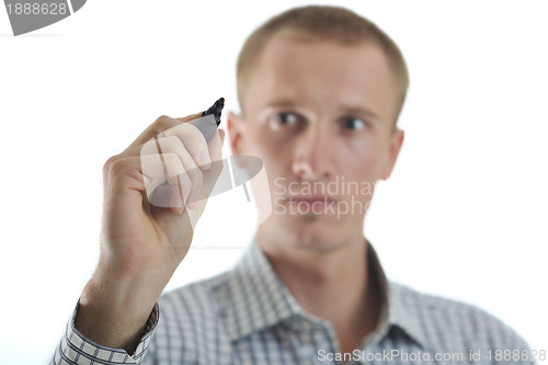 Image of handsome young business man touching screen isolated