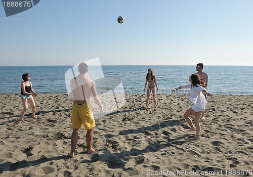 Image of young people group have fun and play beach volleyball