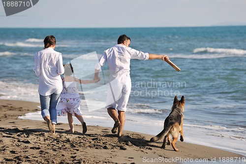 Image of happy family playing with dog on beach