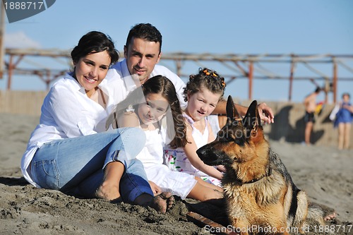 Image of happy family playing with dog on beach