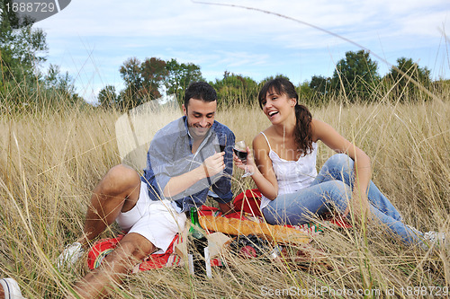 Image of happy couple enjoying countryside picnic in long grass