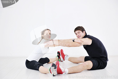 Image of happy young couple fitness workout and fun