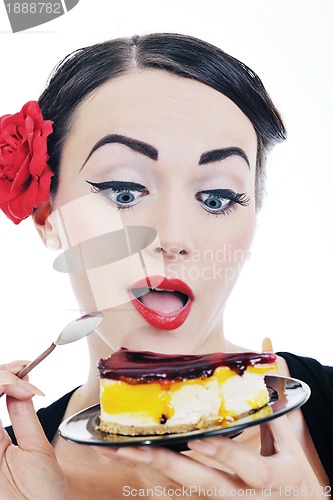 Image of pinup retro  woman with travel bag isolated