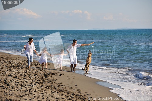Image of happy family playing with dog on beach