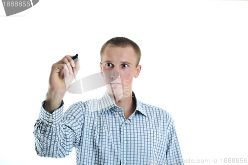 Image of handsome young business man touching screen isolated