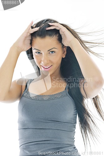 Image of happy young girl isolated on white in studio