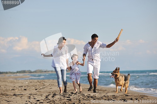 Image of happy family playing with dog on beach