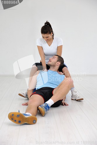 Image of happy young couple fitness workout and fun