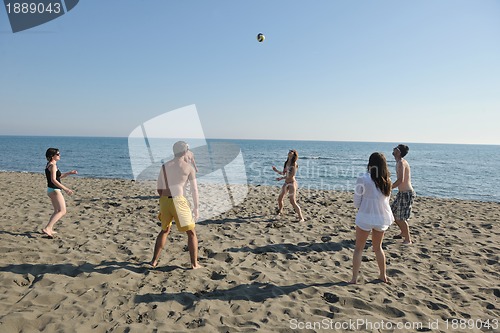 Image of young people group have fun and play beach volleyball