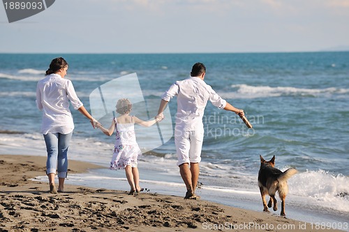 Image of happy family playing with dog on beach