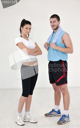 Image of happy young couple fitness workout and fun