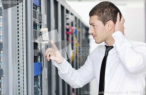 Image of young it engeneer in datacenter server room