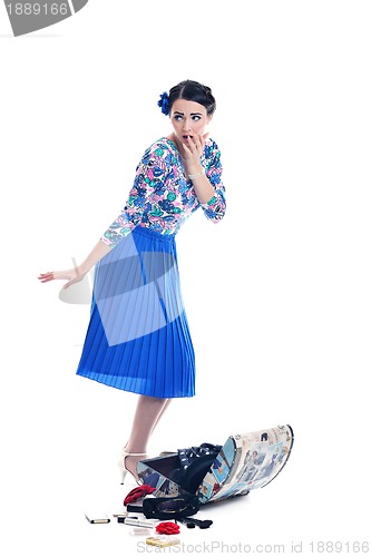 Image of pinup retro  woman with travel bag isolated