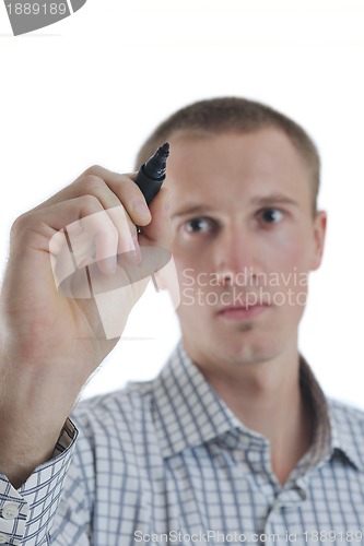 Image of handsome young business man touching screen isolated