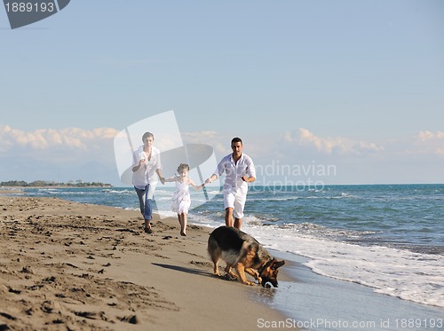 Image of happy family playing with dog on beach