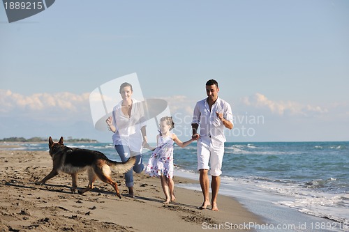 Image of happy family playing with dog on beach