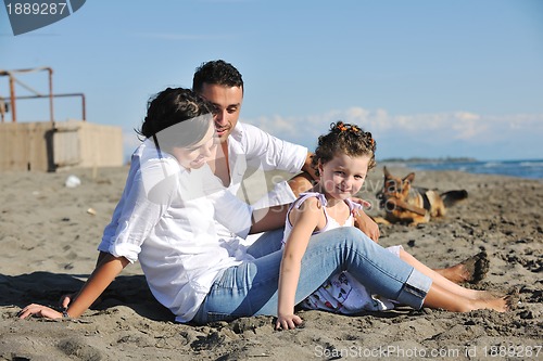 Image of happy family playing with dog on beach