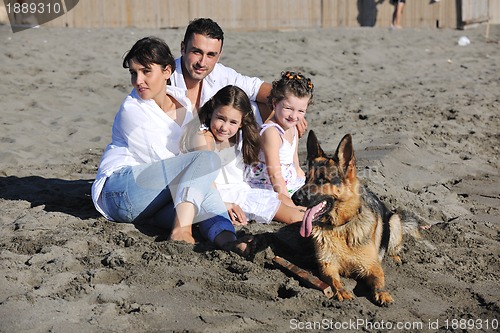 Image of happy family playing with dog on beach