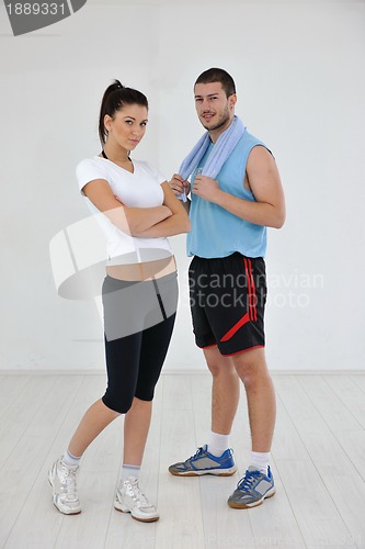 Image of happy young couple fitness workout and fun