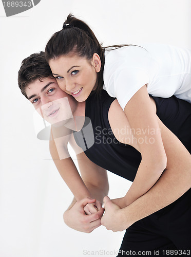 Image of happy young couple fitness workout and fun