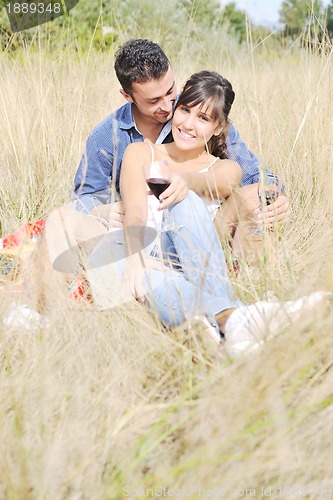 Image of happy couple enjoying countryside picnic in long grass