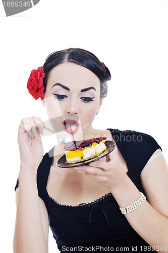 Image of pinup retro  woman with travel bag isolated