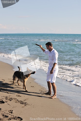 Image of happy family playing with dog on beach