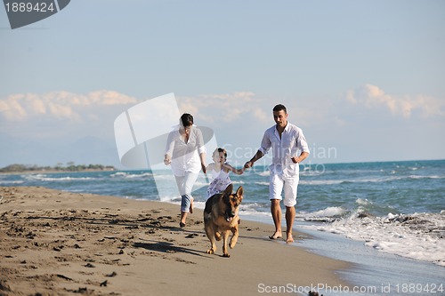 Image of happy family playing with dog on beach