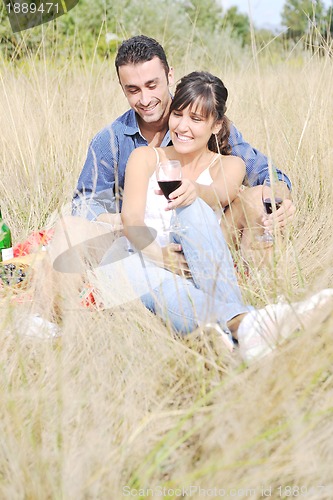 Image of happy couple enjoying countryside picnic in long grass