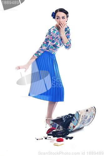 Image of pinup retro  woman with travel bag isolated
