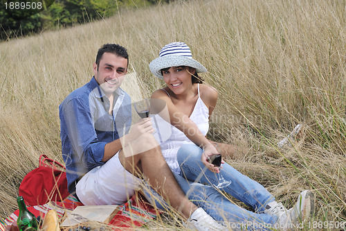 Image of happy couple enjoying countryside picnic in long grass