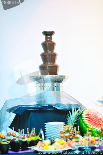 Image of liquid chocolate fountain and fresh fruits on stick