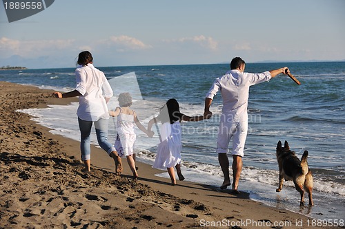Image of happy family playing with dog on beach