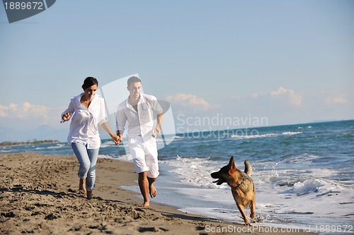 Image of happy family playing with dog on beach