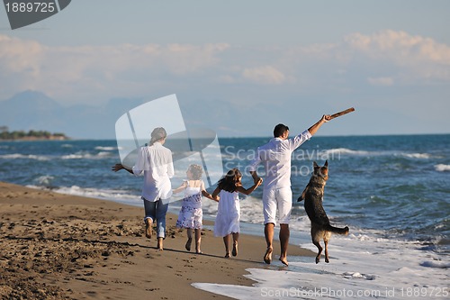 Image of happy family playing with dog on beach