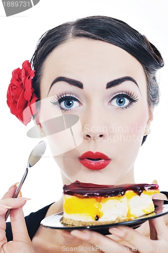 Image of pinup retro  woman with travel bag isolated