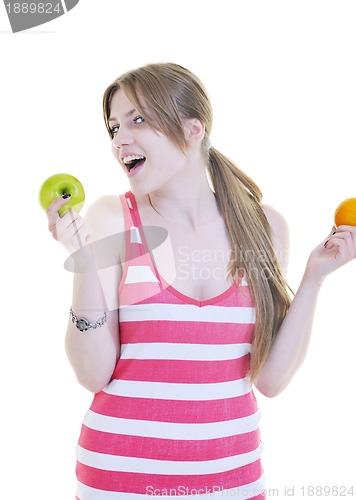 Image of happy  young  woman eat apple isolated  on white