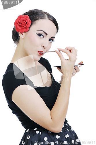 Image of pinup retro  woman with travel bag isolated