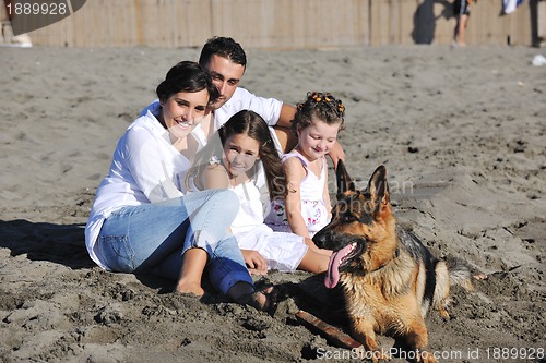 Image of happy family playing with dog on beach
