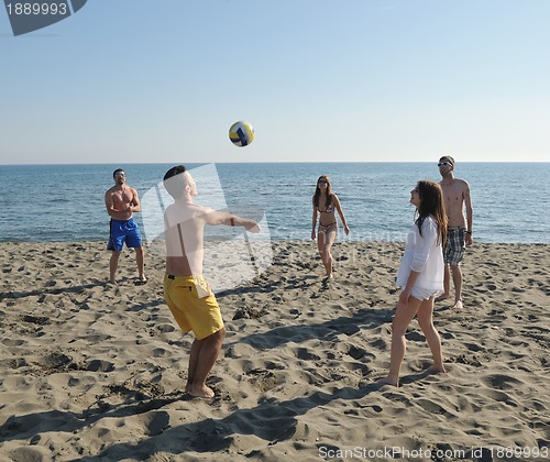 Image of young people group have fun and play beach volleyball