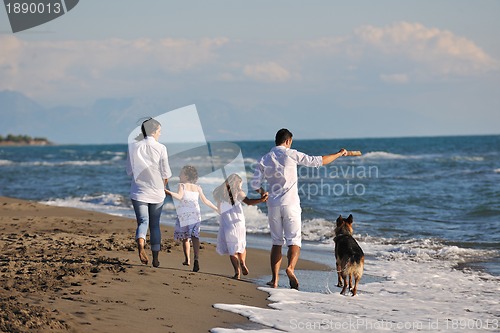 Image of happy family playing with dog on beach