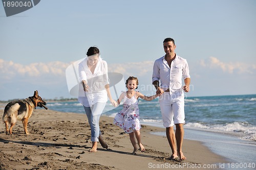 Image of happy family playing with dog on beach