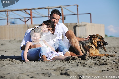 Image of happy family playing with dog on beach