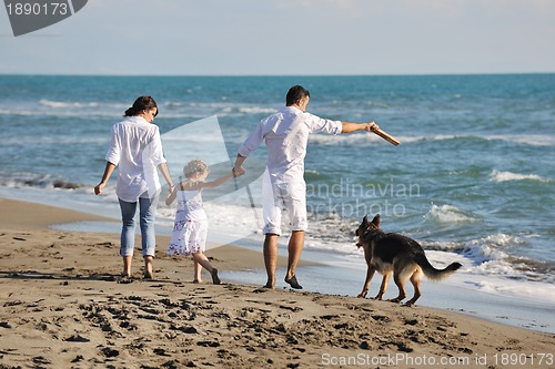 Image of happy family playing with dog on beach