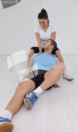 Image of happy young couple fitness workout and fun