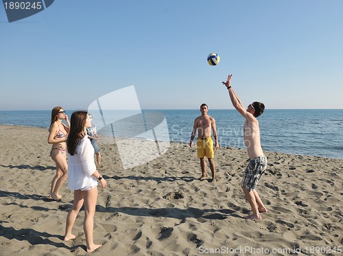 Image of young people group have fun and play beach volleyball